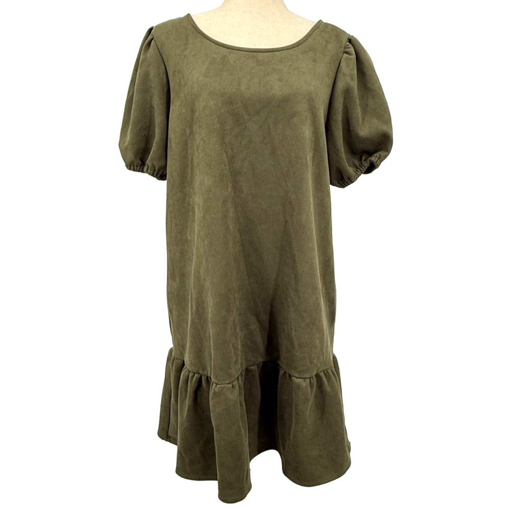 Sharagano Dress Women's 14 Olive Green Faux Suede Puff Sleeve Forest Fairy Shift